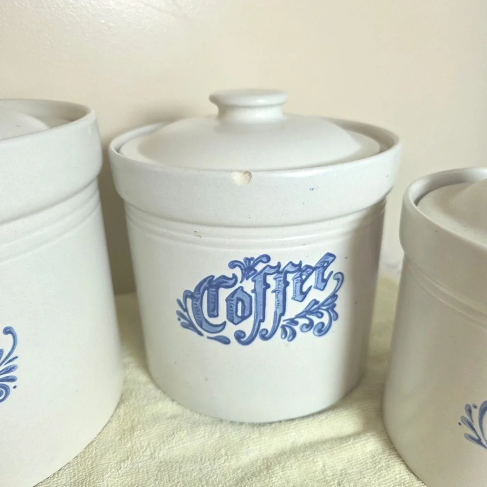 Vintage Pfaltzgraff Yorktowne Blue Canister Set Flour Sugar Coffee Tea
